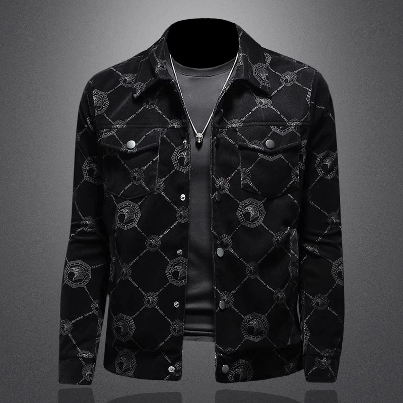 柏雷斯沃2025新款灯芯绒小西装男大码休闲外套印花夹克男上衣男款