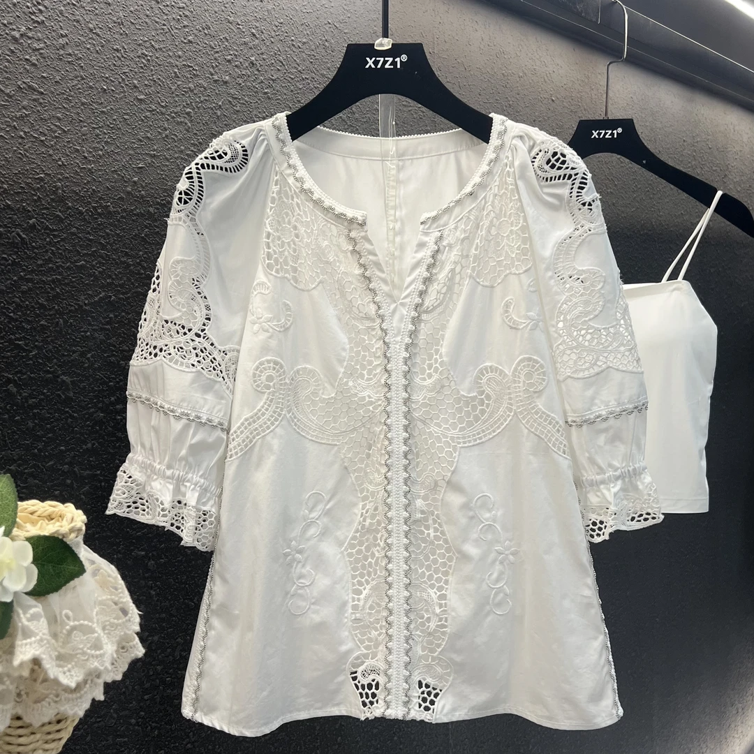 通勤夏季宽松V领短袖镂空衬衫衬衣通用女装雪纺衫