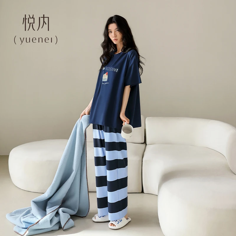 悦内睡衣女夏季夏款纯棉短袖长裤圆领家居服套头休闲宽松条纹套装