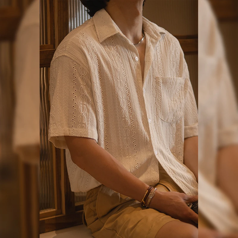 YNPO古叔的着 美式复古镂空提花短袖衬衫老钱风翻领肌理感休闲衬