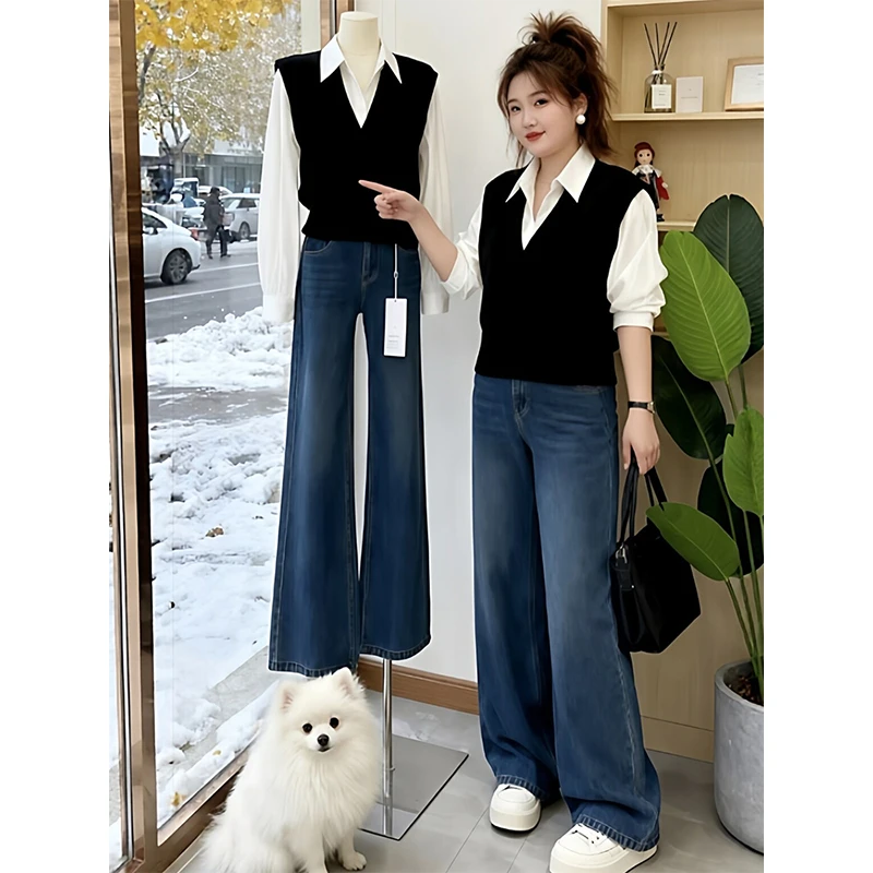 大码女装韩系衬衣假两件针织背心白色衬衫2025秋冬新款打底衫上衣