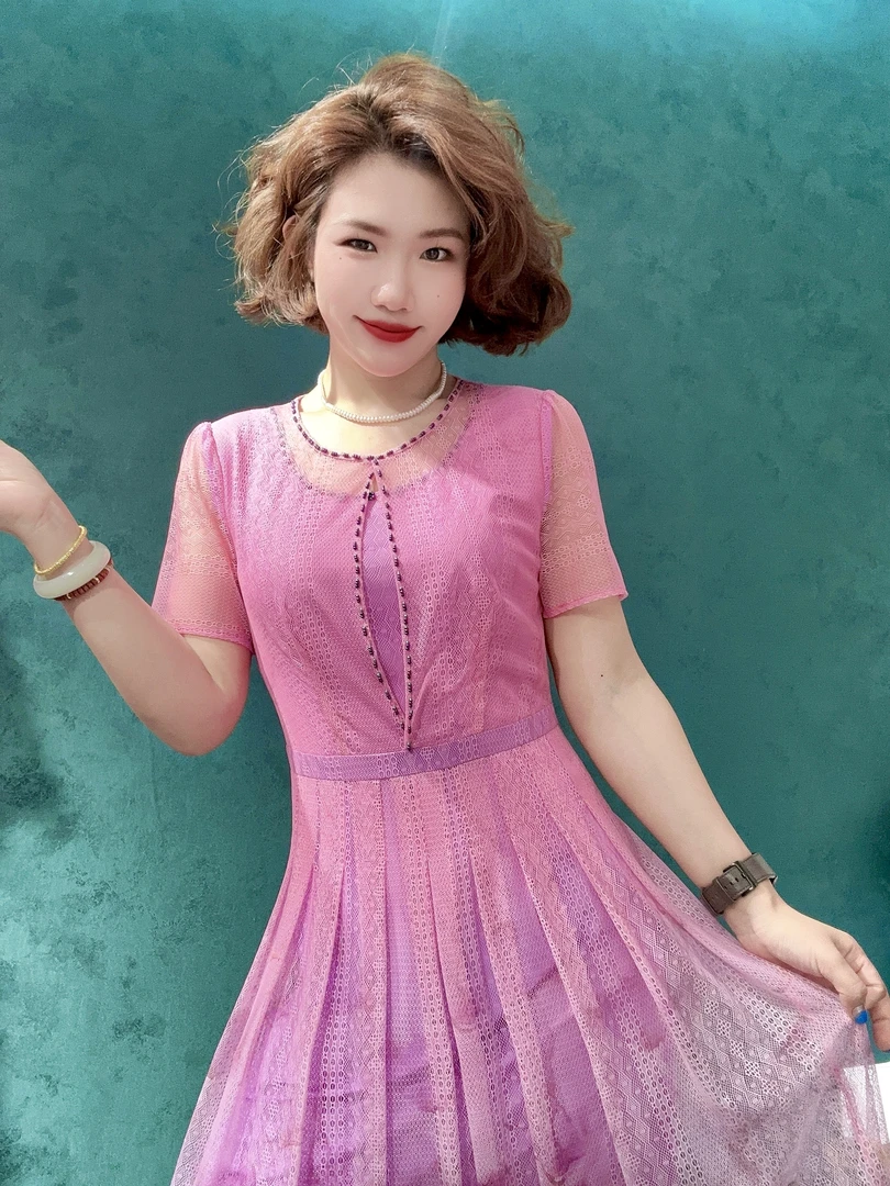 L 1516#夏季显白显年轻显瘦百褶裙妈妈装连衣裙