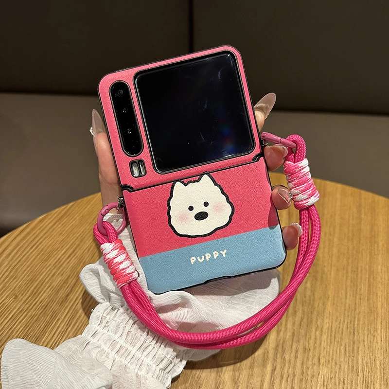 卡通玫红线条小狗适用华为PuraX手机壳折叠屏Pocket2小米MIXFlip2