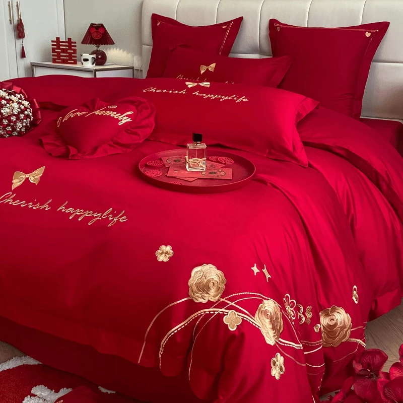 高档中式刺绣全棉200S绒棉婚庆结婚四件套红色被套纯棉陪嫁婚床品