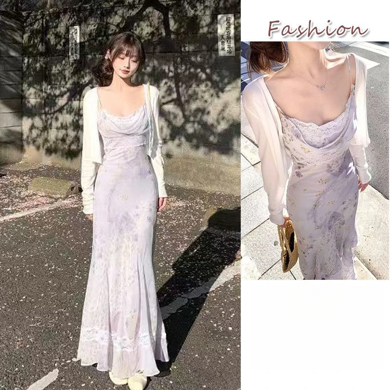 法式紫色碎花雪纺连衣裙女夏季2025新款高级感收腰气质吊带鱼尾裙