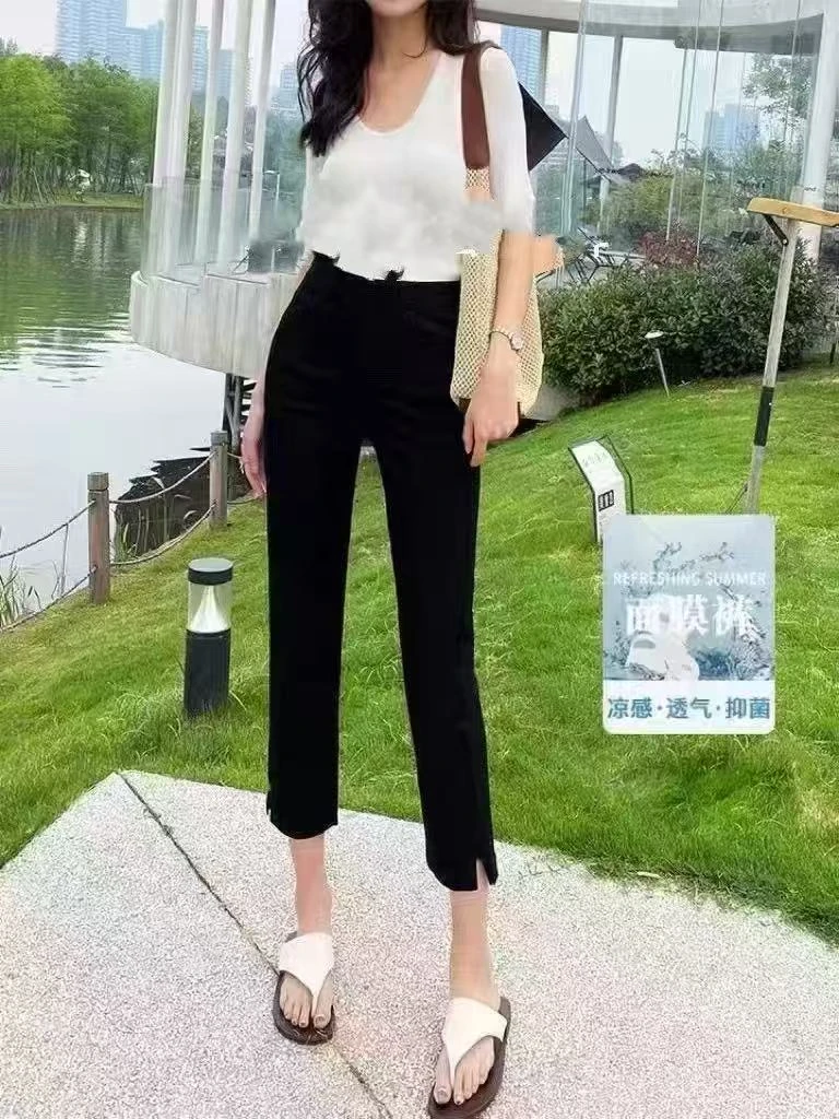 高腰直筒八分轻薄透气加肥加大版天丝面膜裤