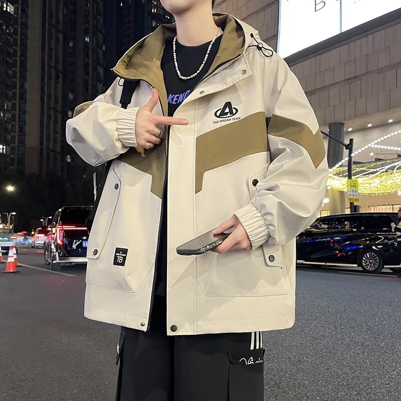 春秋季新款连帽外套宽松百搭冲锋衣男士潮流帅气青少年男装夹克男