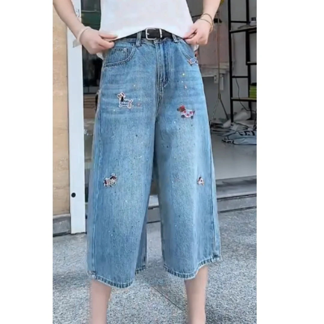 2025夏季新款高腰显瘦大码阔腿显瘦休闲牛仔裤