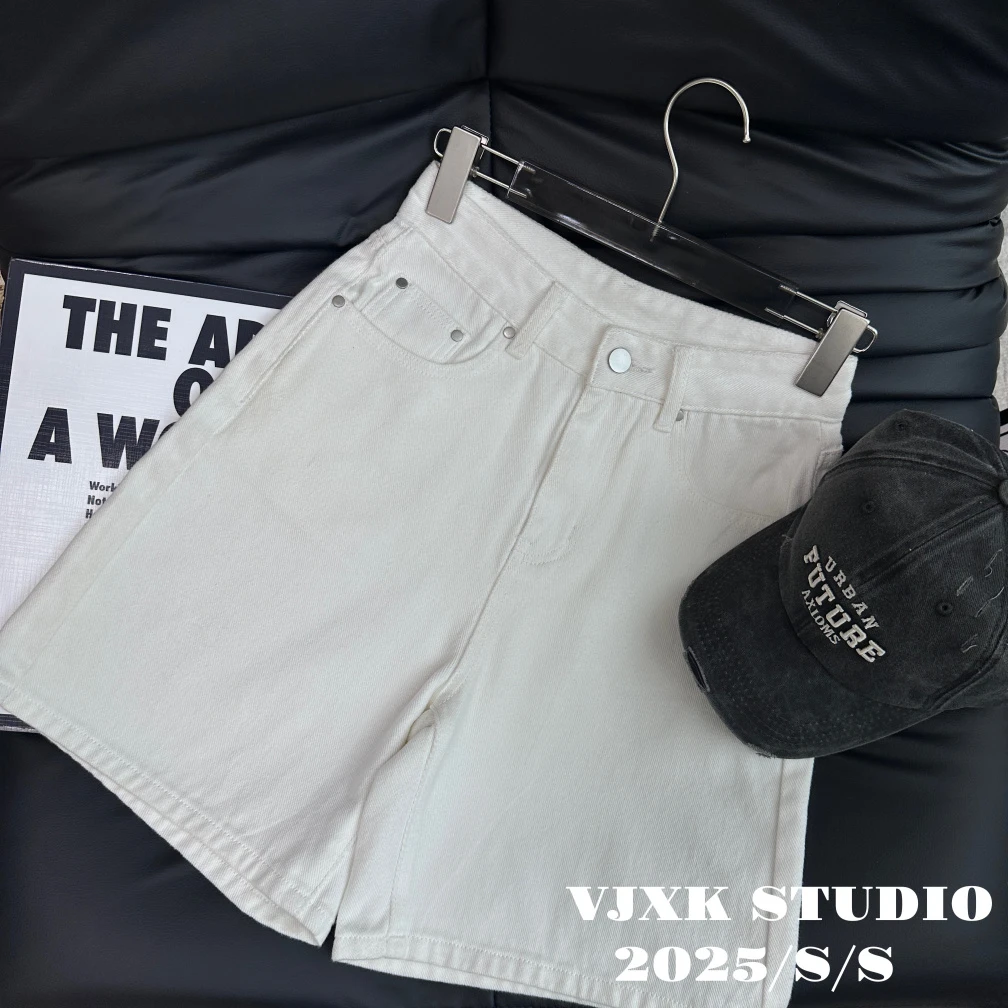 夏季2025新款白色牛仔短裤女高腰五分裤宽松阔腿直筒a字裤子