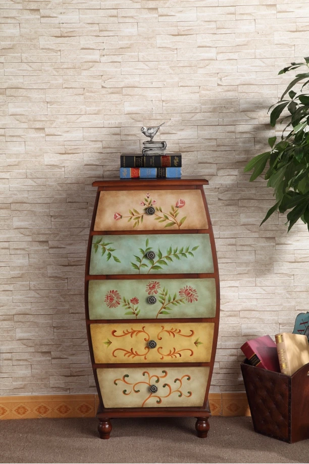 美式实木五斗柜手工彩绘门厅储物柜复古餐边柜网红家具