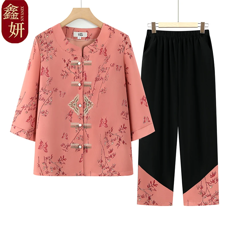 夏季新款妈妈装中老年女装洋气圆领七分袖开衫时尚奶奶装老太太装