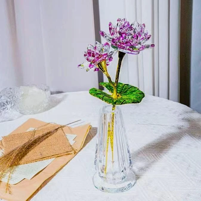 轻奢水晶玻璃工艺双头荷花礼盒装摆件客厅办公桌家居卧室装饰品