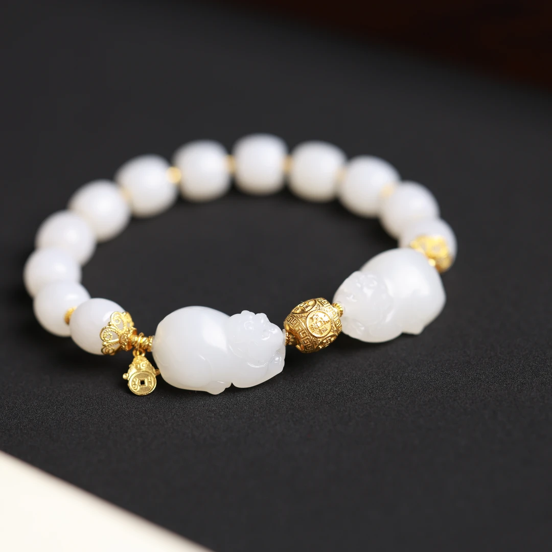 满盆 | 珍藏级精品和田玉顶俄高白白玉老型珠貔貅手串