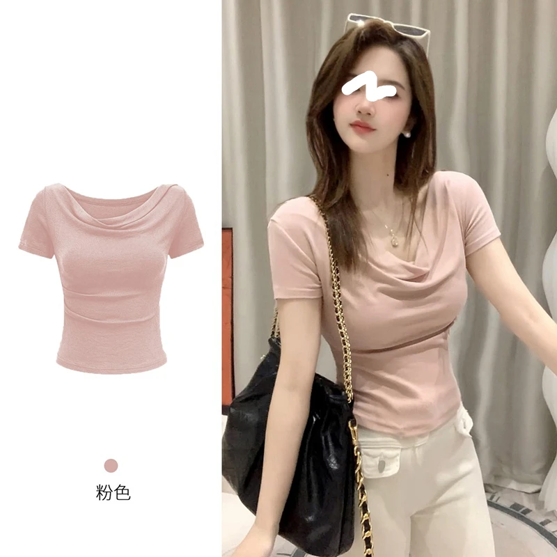 多种穿法～夏季一字肩荡领上衣时尚纯欲高级感短袖t恤女爆款T恤女