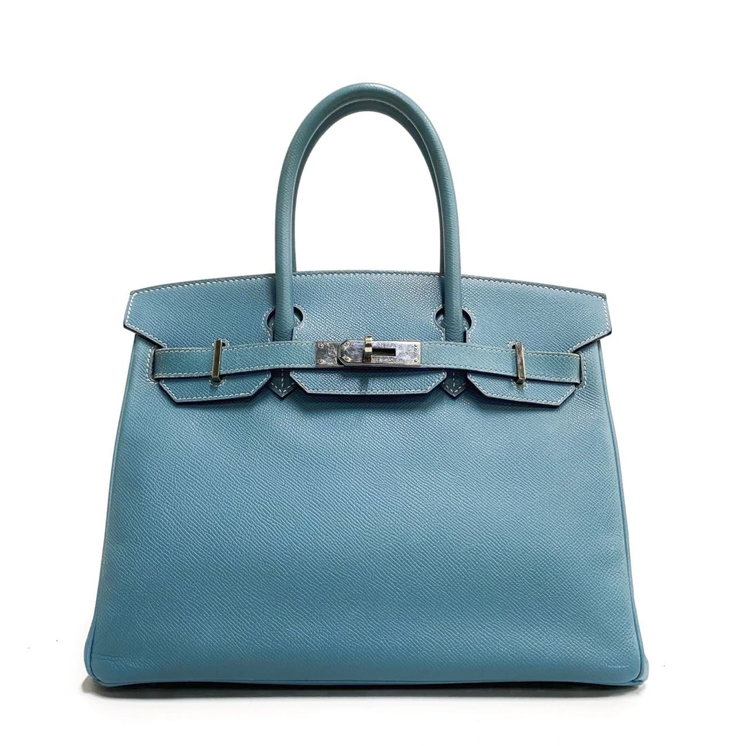 95新 Hermes/爱马仕 牛仔蓝银扣epsom皮框N刻Birkin30单肩包