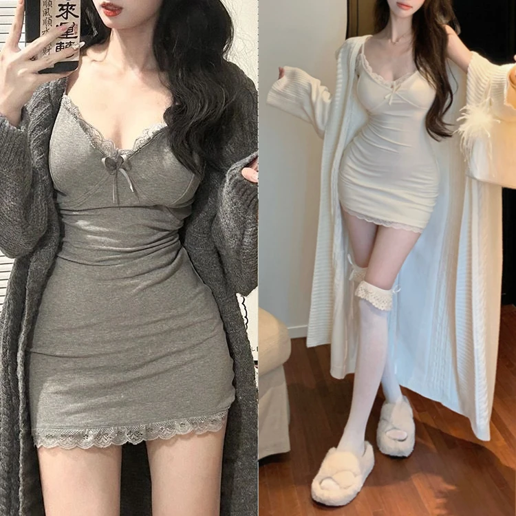 性感秋冬睡衣包臀裙蕾丝吊带睡裙纯欲风抹胸黑色性感吊带蕾丝睡裙