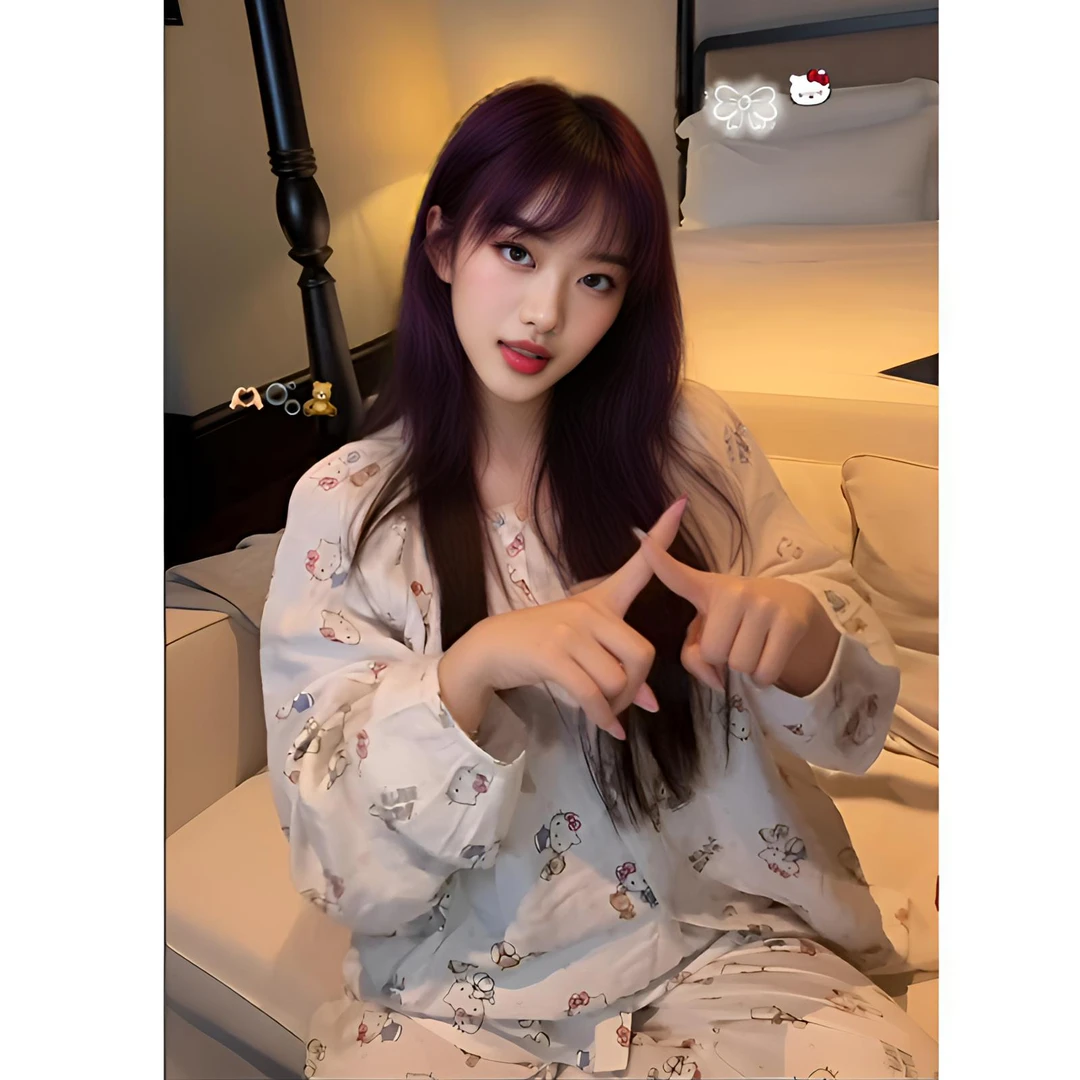 睡衣女春秋纯棉长袖薄款甜梦花园可爱ins卡通kitty印花家居服套装