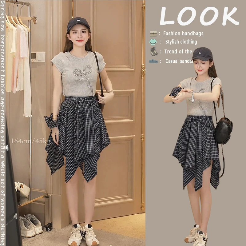 时尚穿搭一整套甜美木耳边蝴蝶结短袖T恤百搭格子绑带半身裙套装