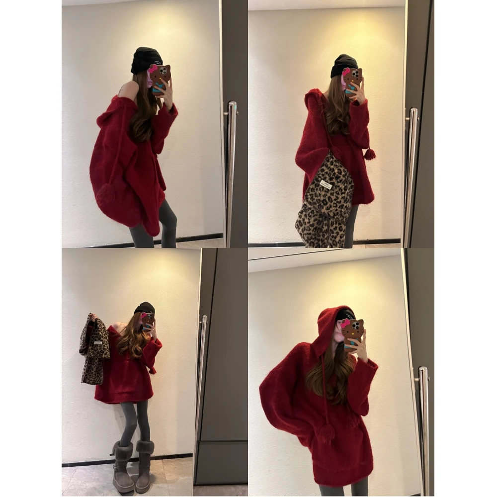 11%羊毛 韩系减龄连帽双插口袋大毛衣冬季新品圣诞新年红针织上衣