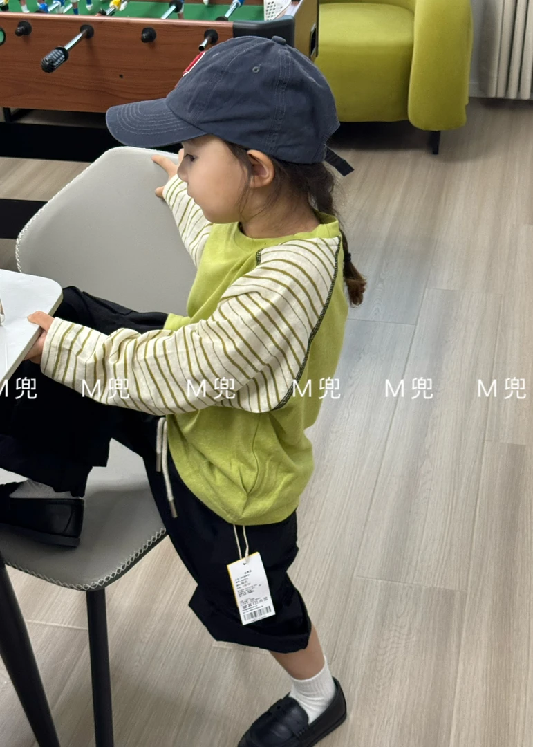 MD2025年新款洋气柔软莱赛尔男女同款打底衫时尚拼色圆领儿童T恤
