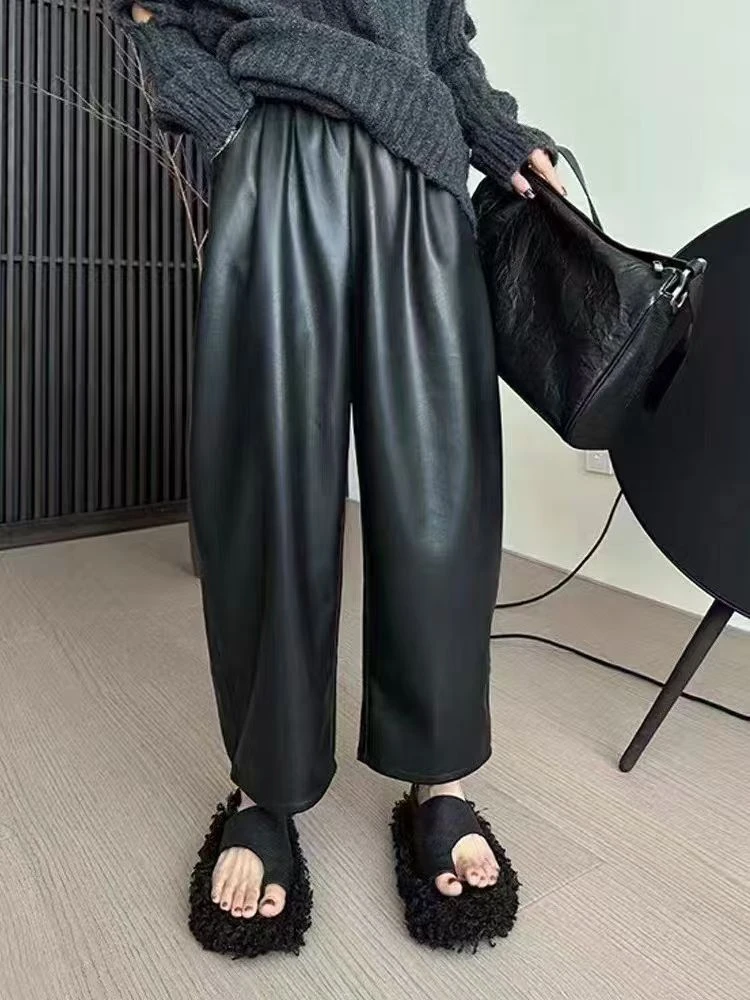 【锦衣服饰】WZ 8866韩版时尚松紧腰九分阔腿皮裤