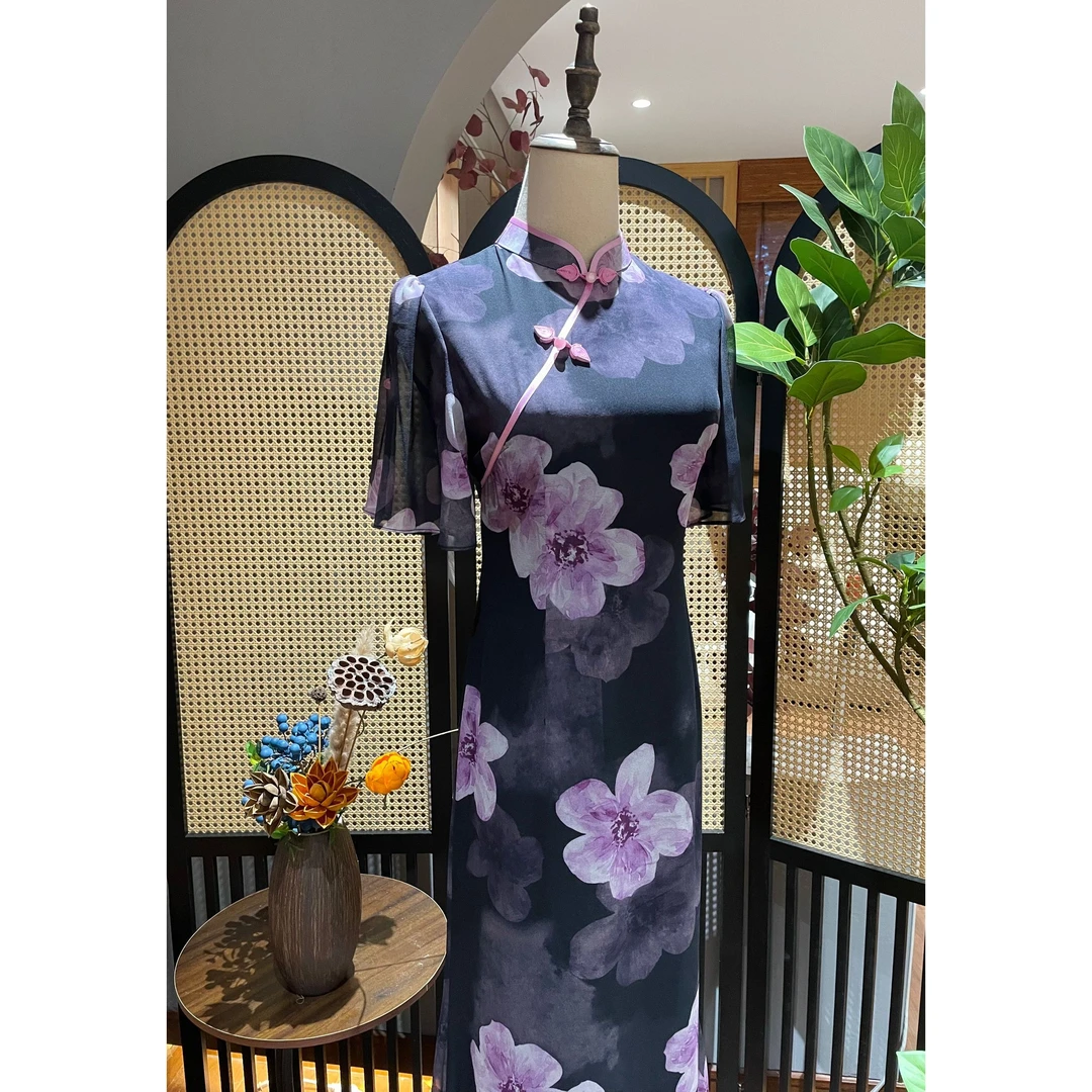 戚薇原创【美人一笑】长120左右新款国风品质双层乔其纱鱼尾款旗袍