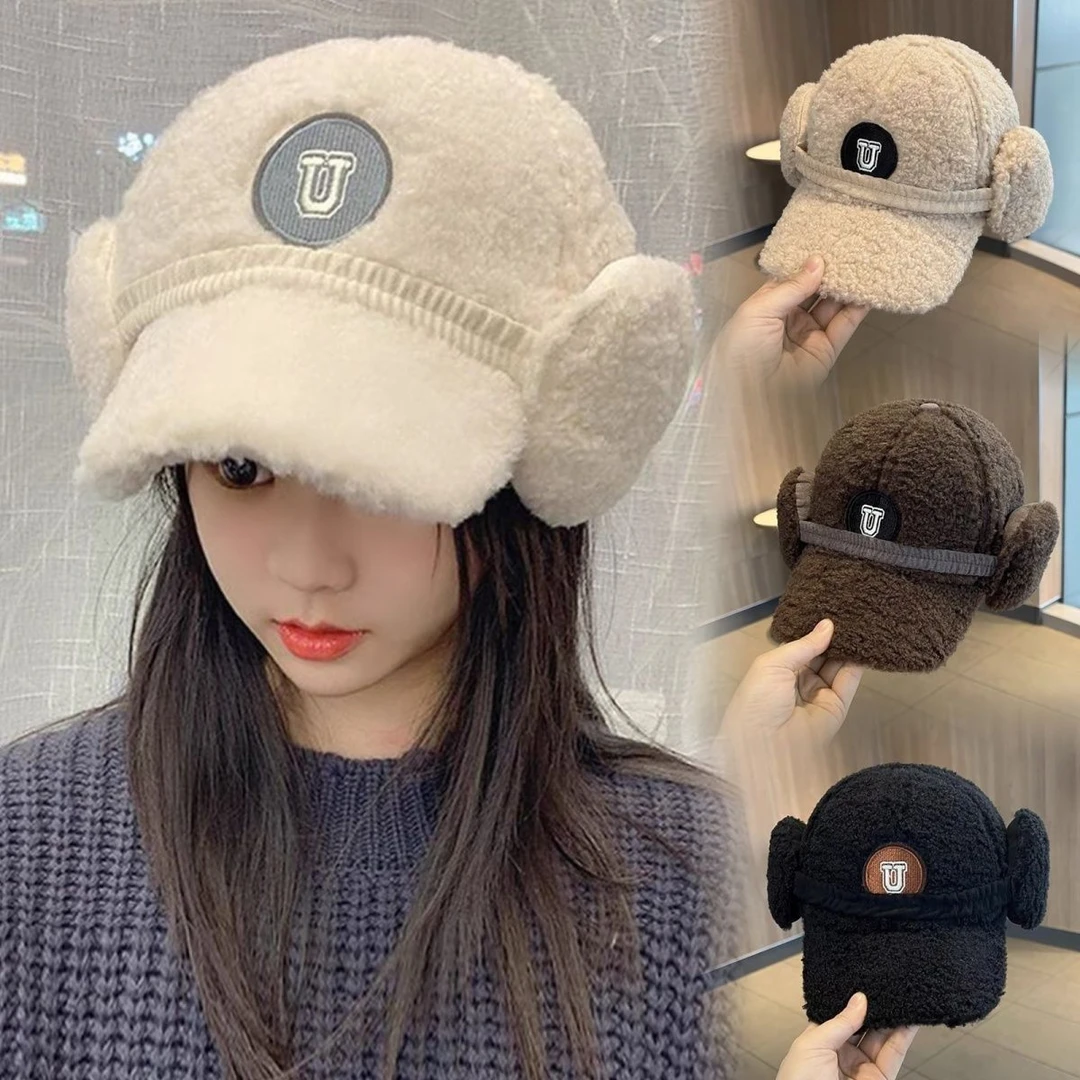韩版羊羔毛棒球帽女冬季加厚保暖护耳帽子百搭字母软顶毛绒鸭舌帽