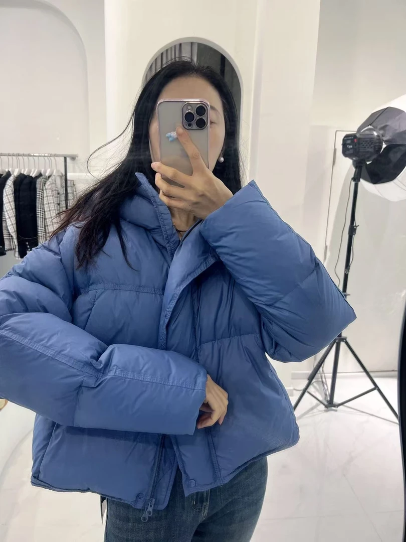 蓝色白鸭绒短款韩版羽绒服