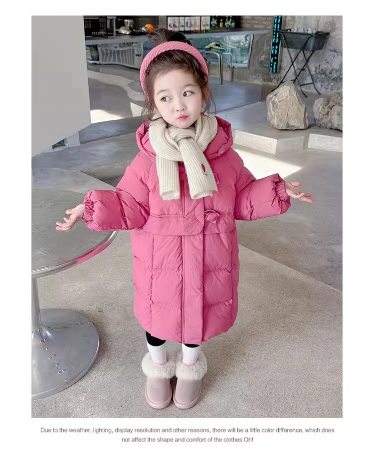 女童中长款羽绒服2024新款童装女孩冬季连帽儿童冬装加厚外套方扣