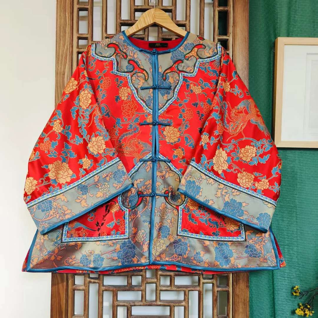 （LS460-6）凤徕兮私人定制红底牡丹花蓝色如意头包边对襟盘扣外套