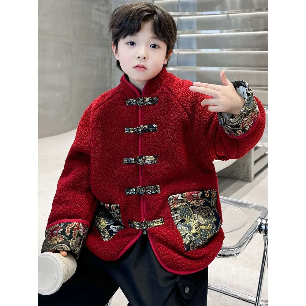 男童拜年服红色加绒外套2025新款儿童秋冬季本命新年唐装宝宝汉服