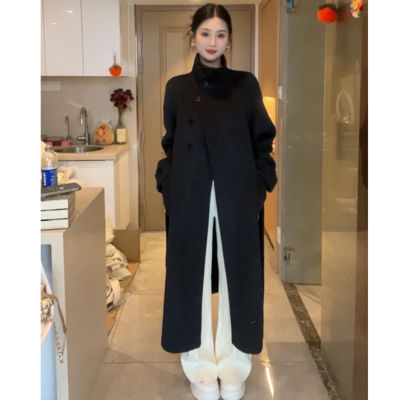 思思专享 立领长款外套韩式休闲风立领半扣双面羊毛大衣外套1022