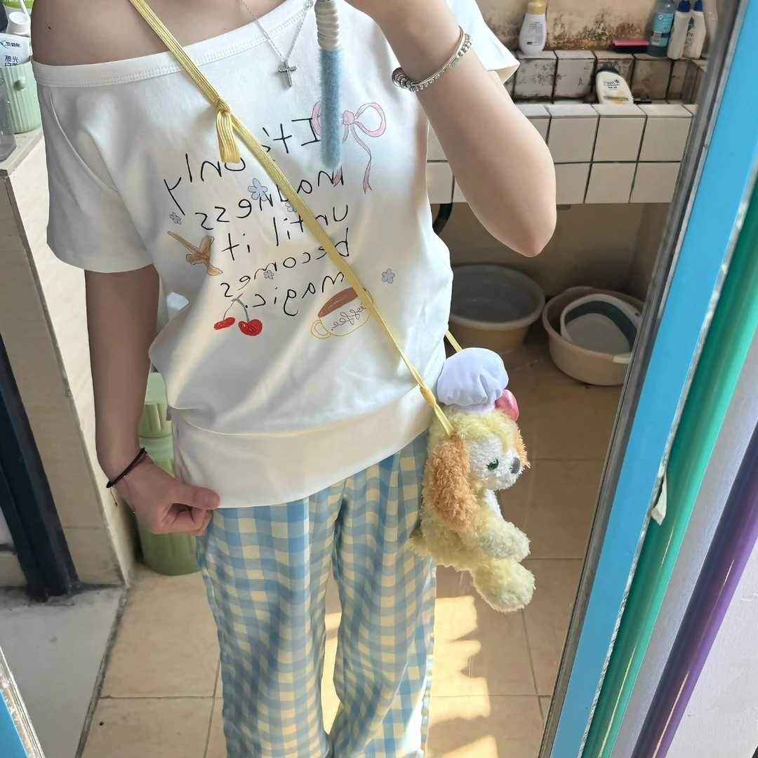 白色斜肩露肩短袖t恤女夏季百搭设计感小众修身辣妹一字肩上衣潮T