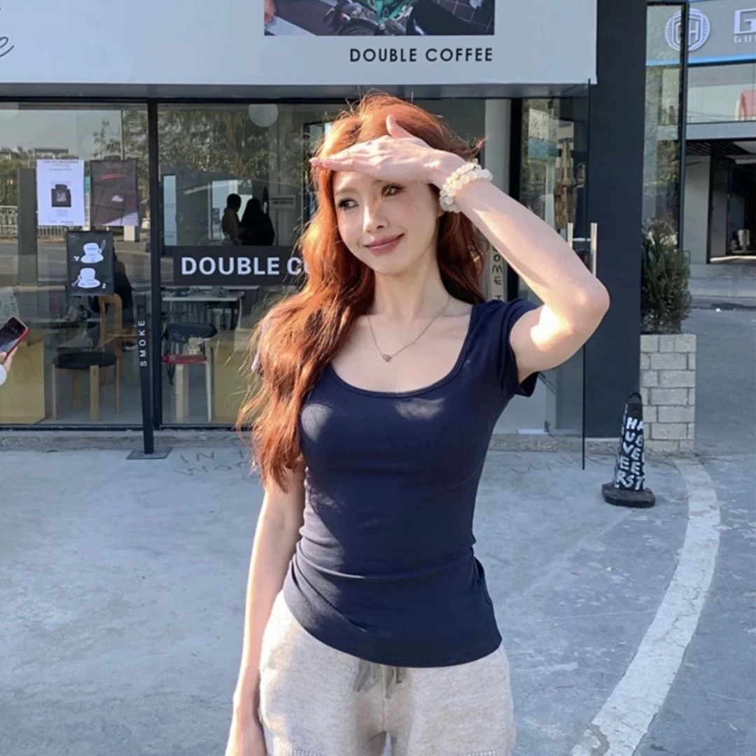 正肩U领辣妹短袖t恤女夏日多巴胺慵懒百搭低领松弛感修身上衣体恤