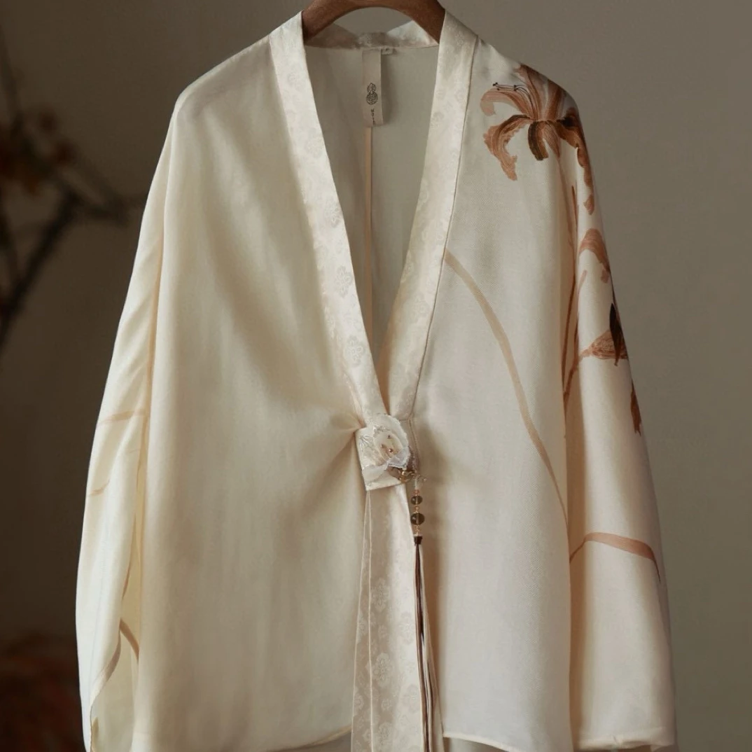 沫药｜真丝羊毛萱草印花手工造花流苏慵懒斗篷（1840）