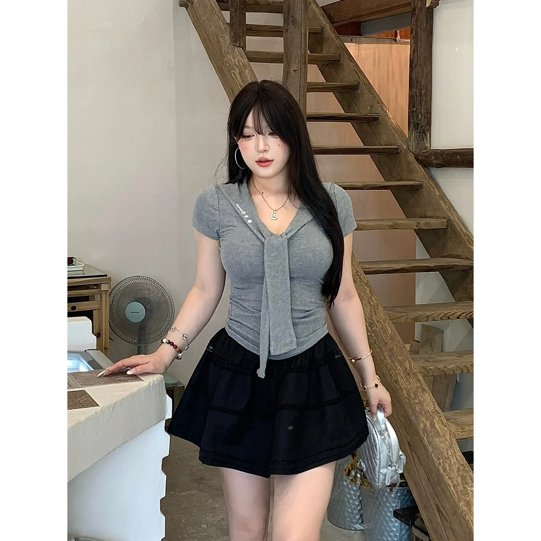 黑泽玄七a字半身裙女夏季新款蕾丝拼接短裙
