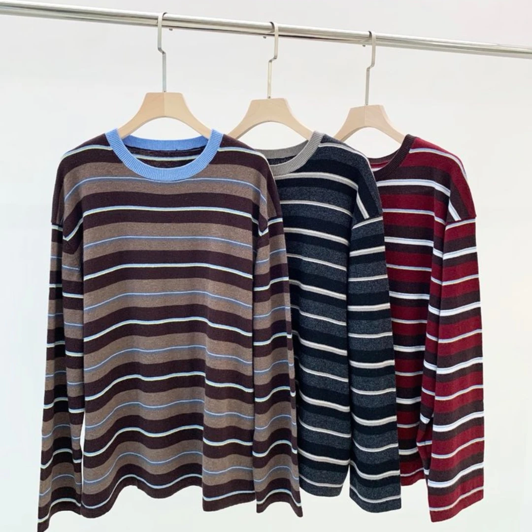 G1237圆领异色条纹针织衫宽松时尚百搭套头衫女秋冬新款