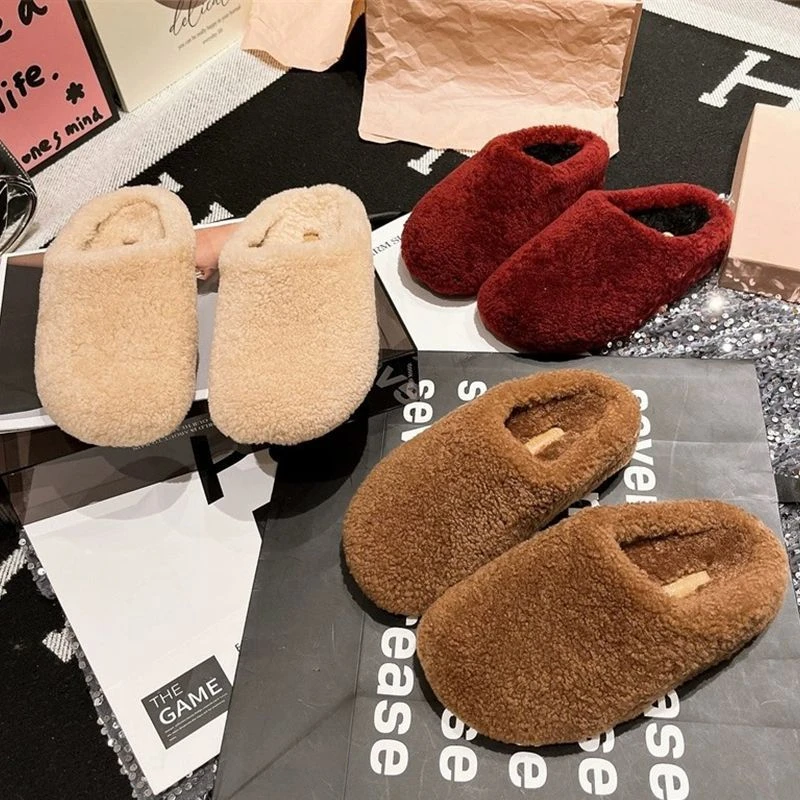 勃肯包头毛毛半拖鞋女外穿2025新款秋冬厚底增高加绒懒人穆勒棉拖