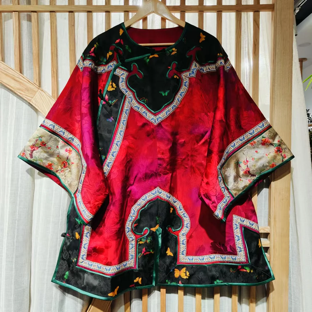 凤徕兮私人定制紫红底拼接如意头斜襟盘扣中长太太服（LS515-1）