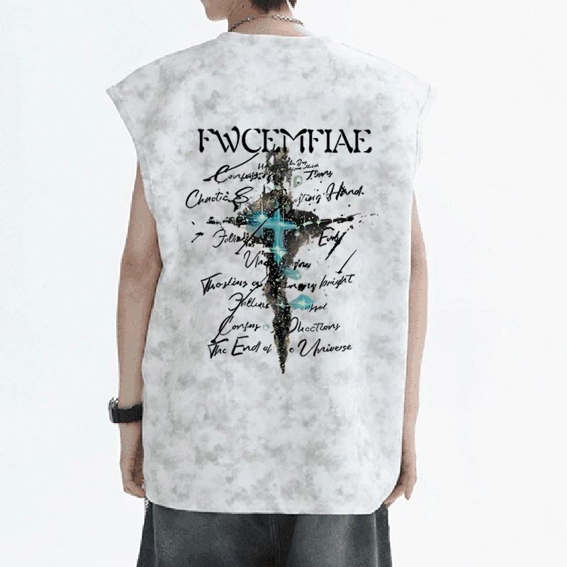 夏季扎染纯棉背心男生潮流美式复古坎肩无袖t恤宽松大码学生上衣