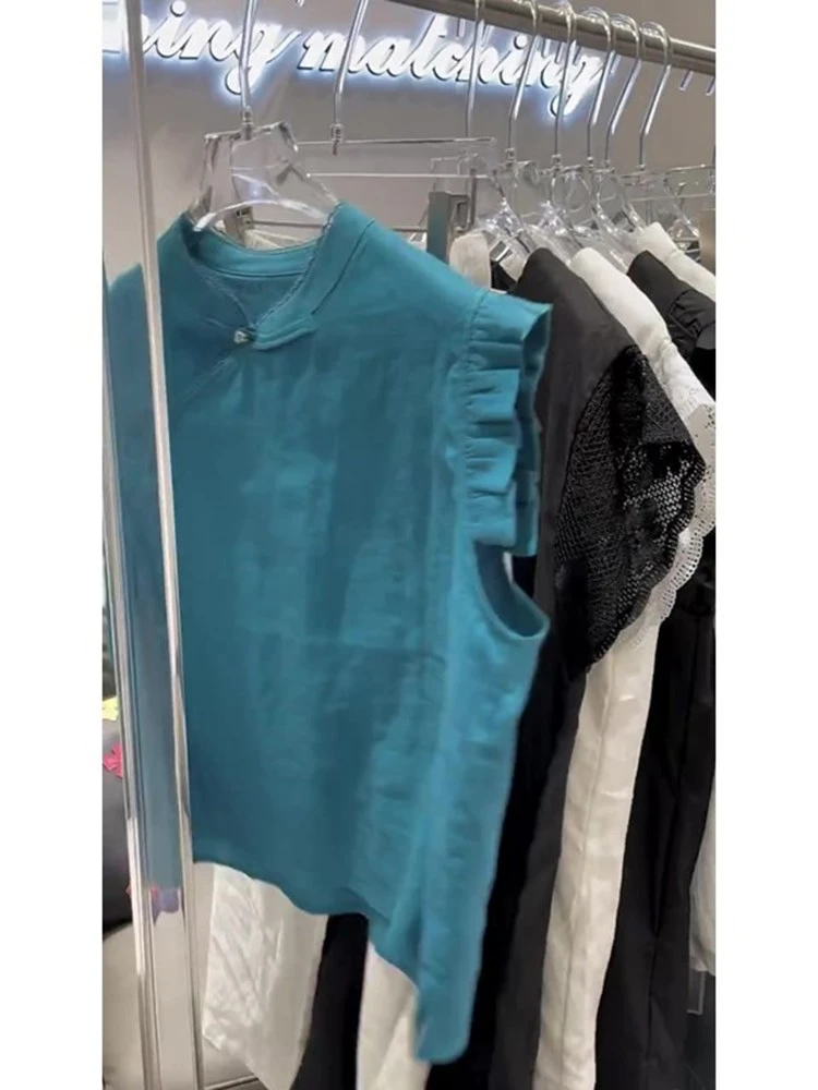 立领时尚设计感木耳边拼接蓝色无袖背心2025夏季款盘扣减龄上衣女