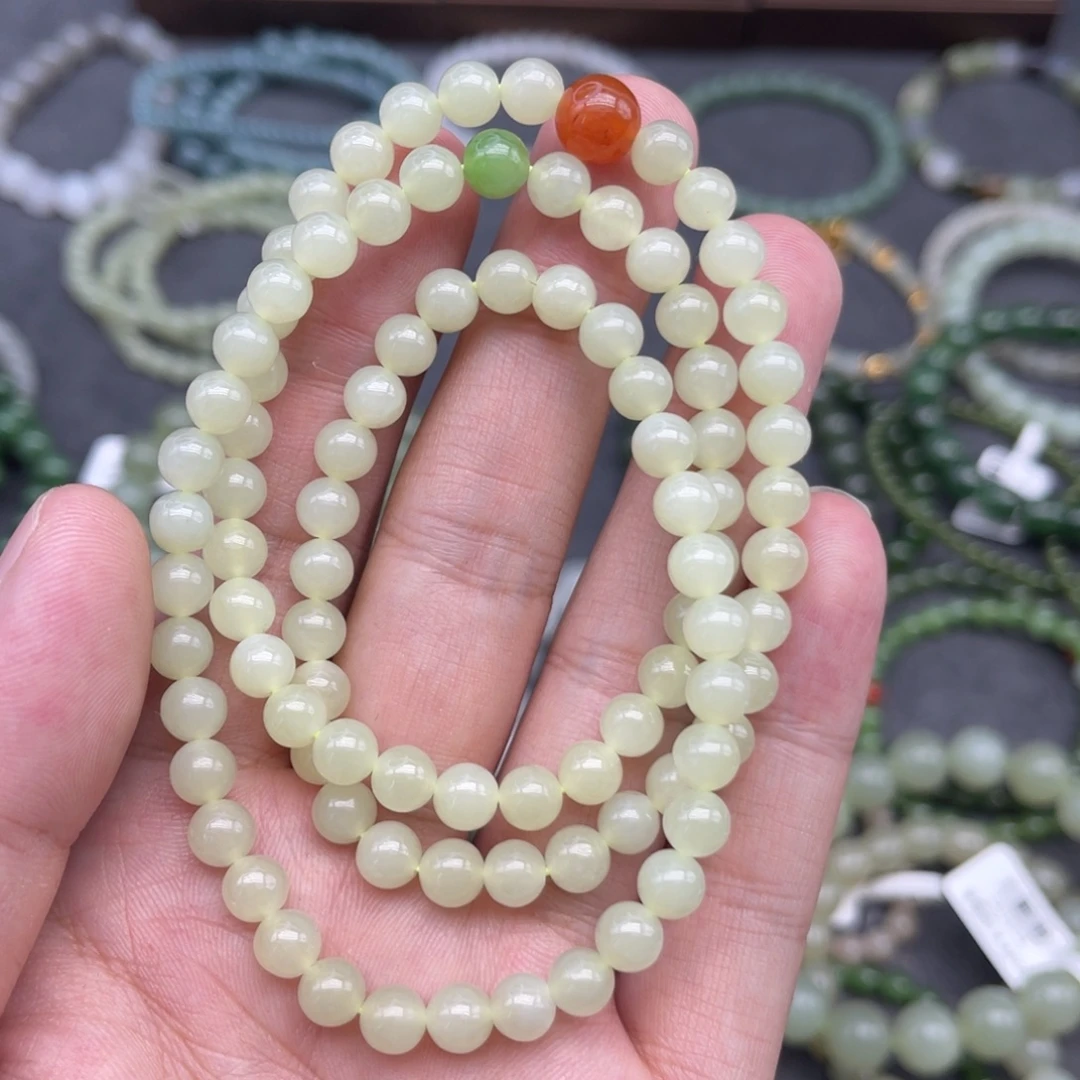 和田玉未镶嵌手串卡6黄口多圈