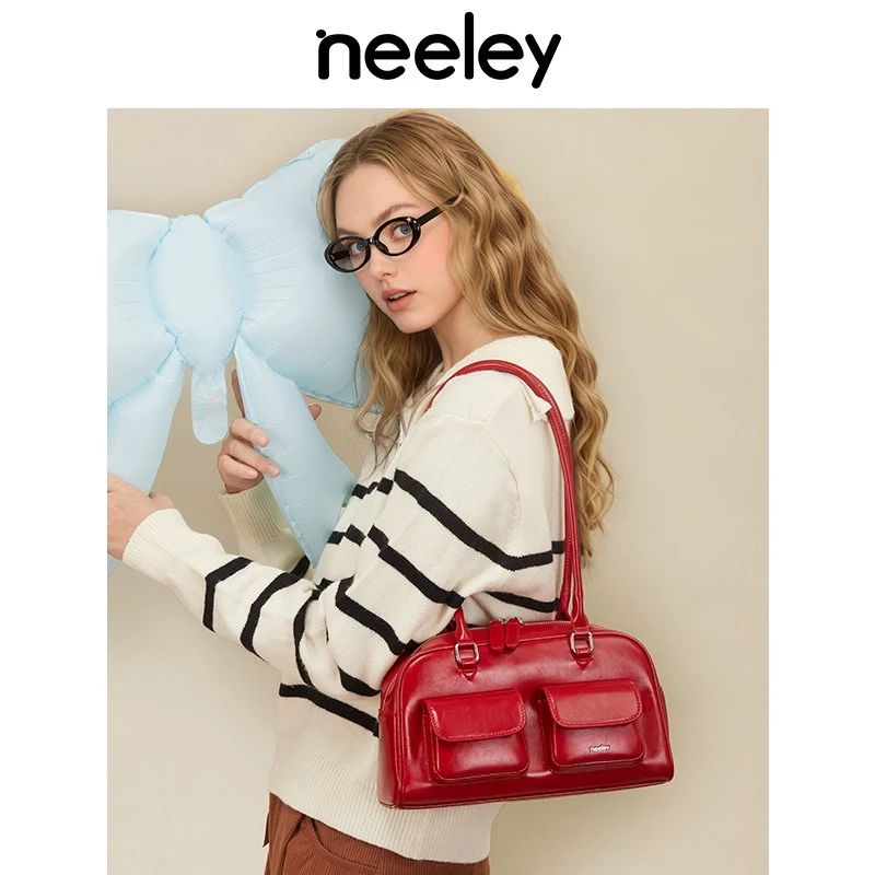 neeley真皮牛皮波士顿包女手提单肩腋下包保龄球包枕头包春夏新款