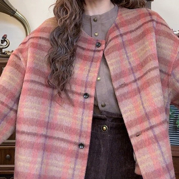 清【港万】宽松圆领格子毛呢外套短款外套Y4489