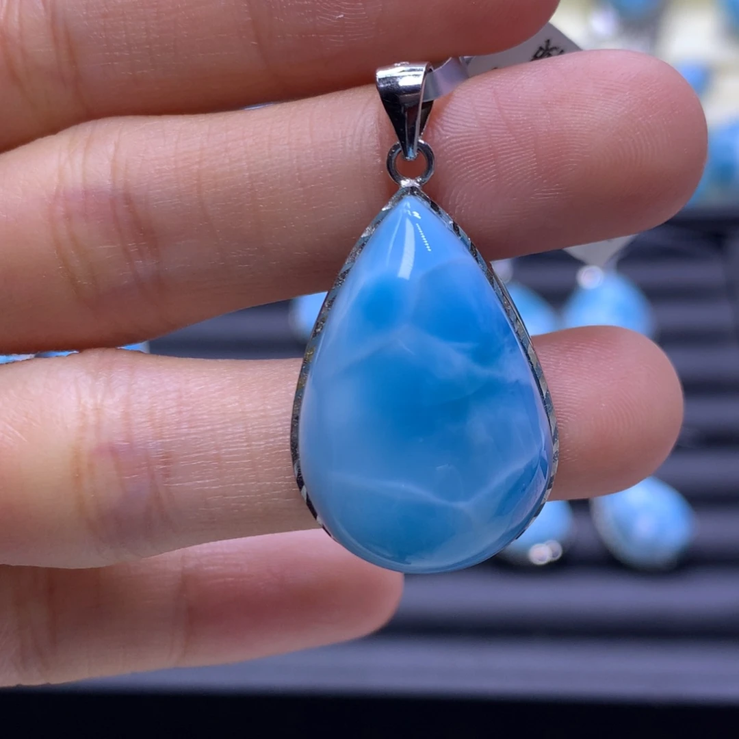 针钠钙石（海纹石）银S925镶嵌吊坠(不含链)水滴吊坠色差略异