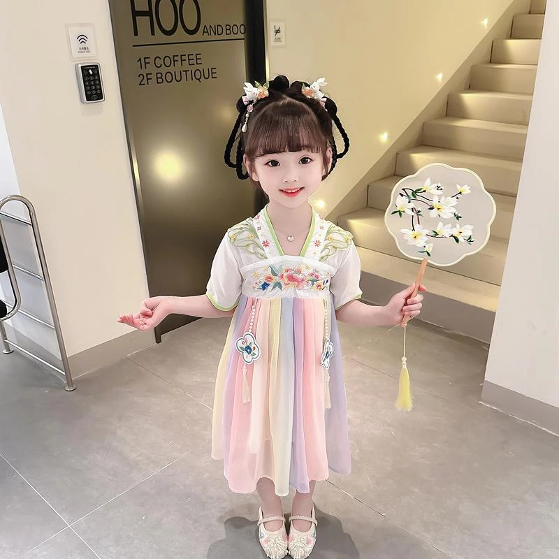 巴拉儿童女童超仙中国风雪纺汉服连衣裙夏季女宝宝演出服儿童六一