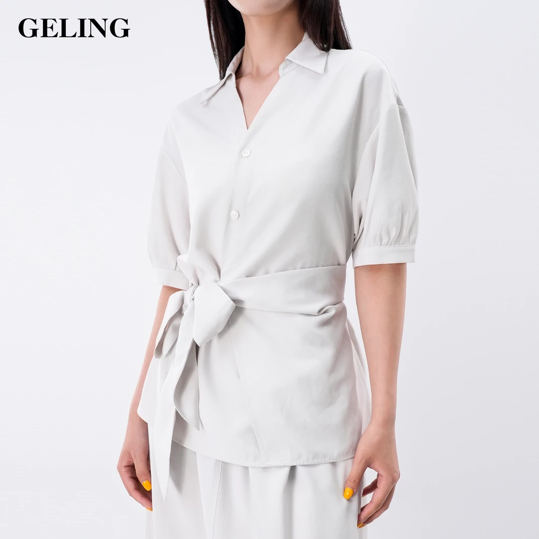 GELING/歌&玲泡泡袖夏季短袖收腰显瘦亚麻衬衫V领通勤女装轻职风