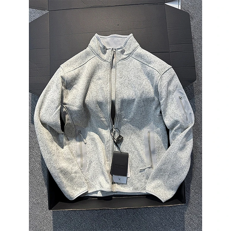 原石灰抓绒衣外套男款春秋潮牌宽松运动夹克美式户外拉链开衫卫衣