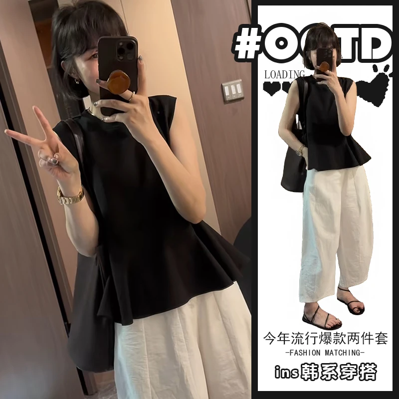 成套搭配减龄套装女夏季新款黑色收腰显瘦上衣+宽松休闲裤两件套