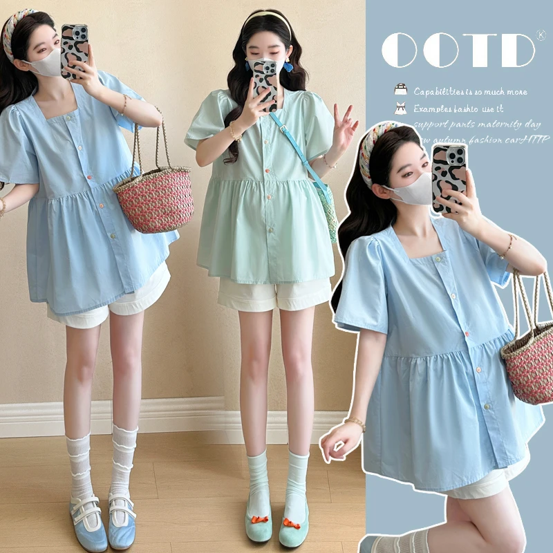 孕妇衬衫夏季时尚显瘦法式温柔方领气质娃娃衫上衣+托腹短裤套装